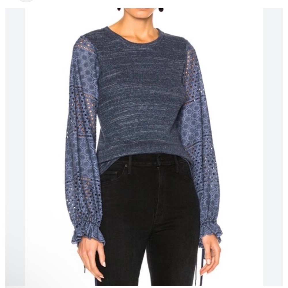 SEE BY CHLOE Eyelet Balloon Sleeve‎ Shirt XS Indigo Blue Bohemian Tie Cuff Boho